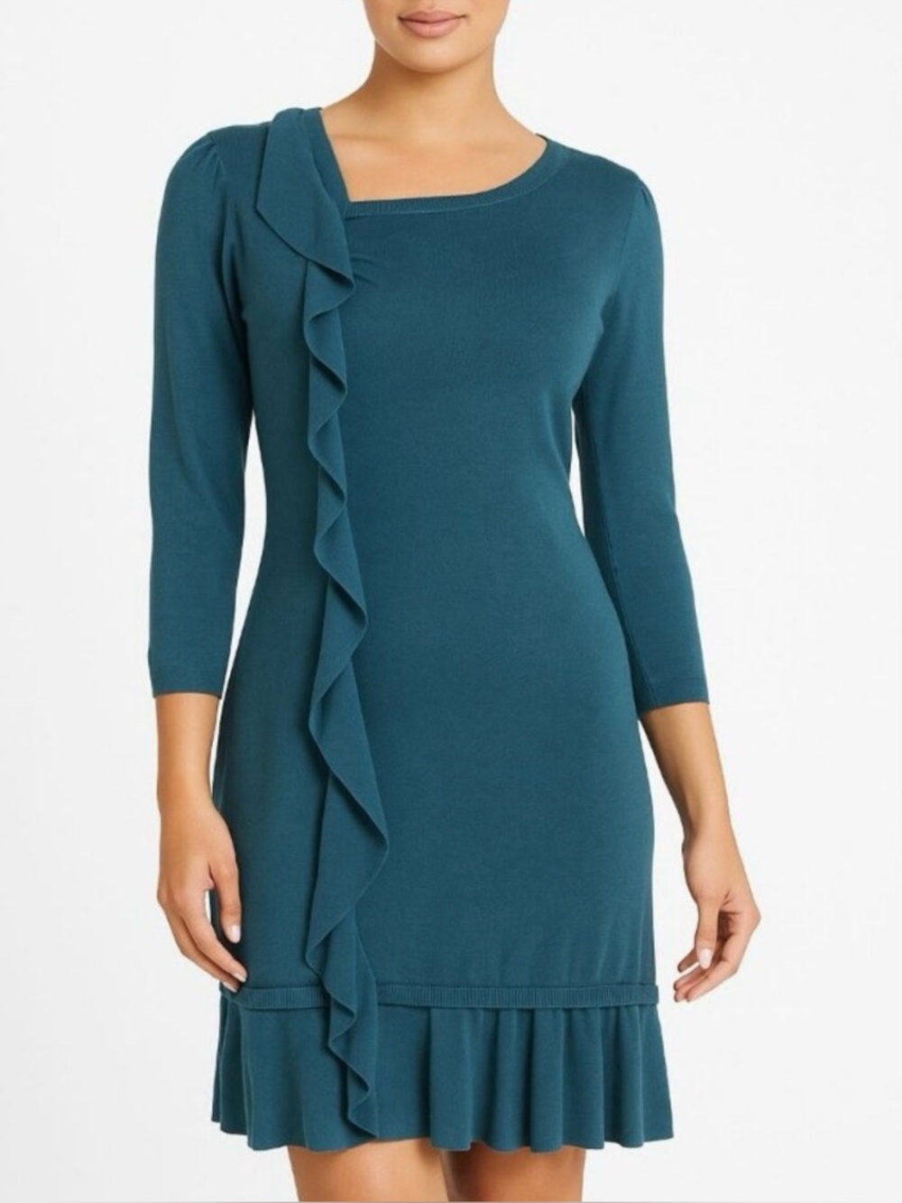 Red Valentino Knit Dress Blue Ruffled 3/4 Sleeve Round Neck Wool Cotton …